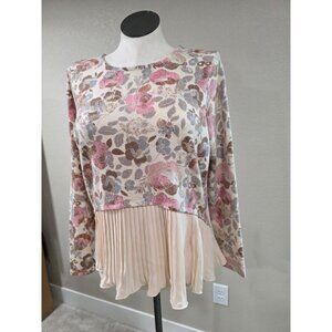 Floral Print Long Sleeve Top With Pleated Chiffon Hem Ivory Pink Beige